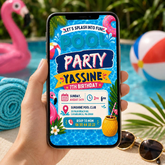 Editable Pool Birthday Invitation Canva Template, Blue Green Neon Boys Kids Pool Cute Fun DIY Chic Party Invite, Printable Digital Download.