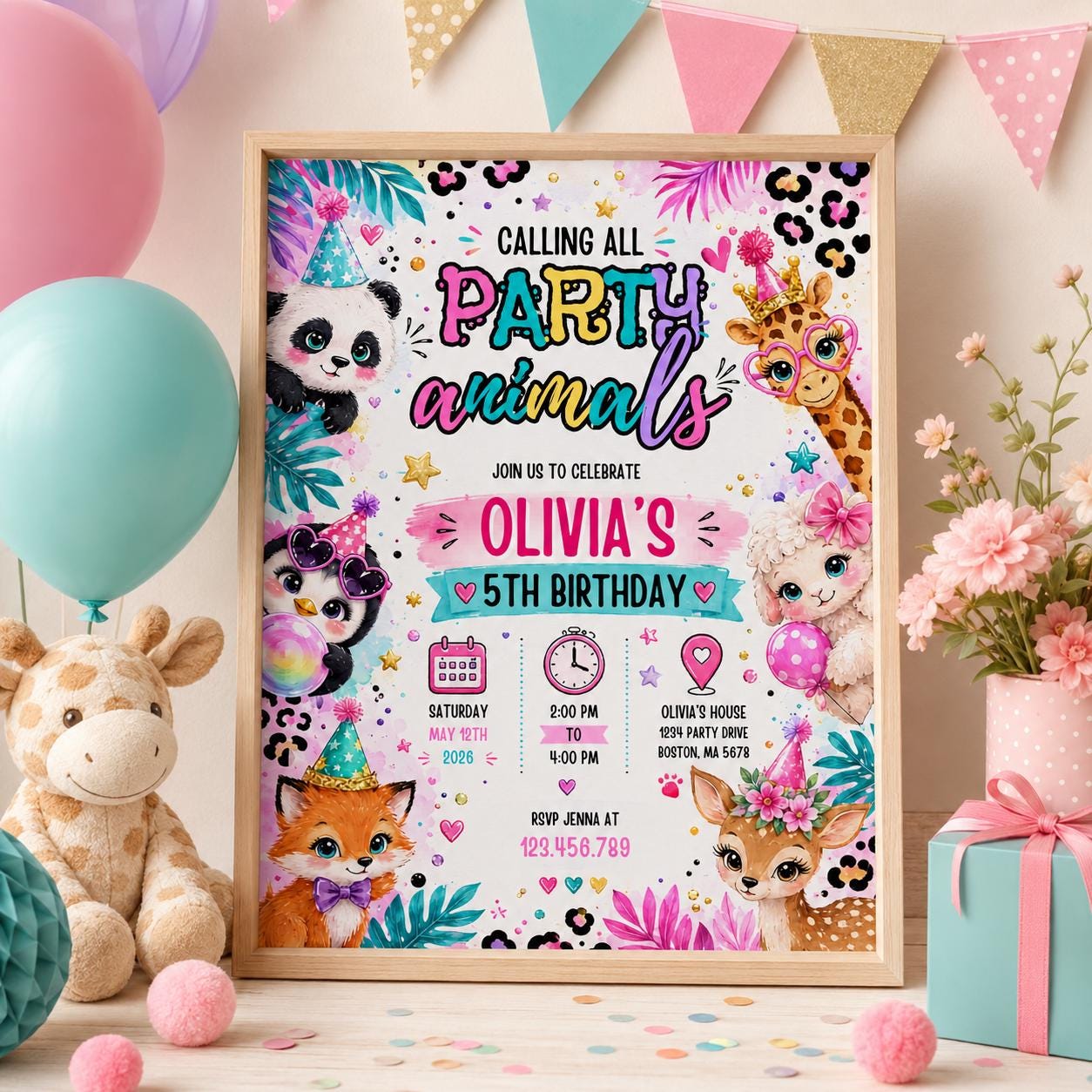 Editable Animal Birthday Invitation Canva Template, Kids Cute Modern Fun DIY Sweet Chic Teen Tween Party Invite, Printable Digital Download.