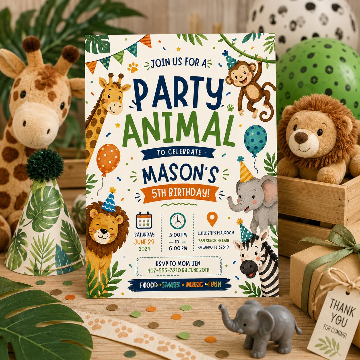 Editable Animal Birthday Invitation Canva Template, Kids Cute Modern Fun DIY Sweet Chic Teen Tween Party Invite, Printable Digital Download.