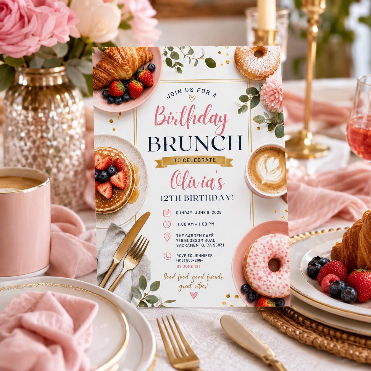 Editable Brunch Birthday Invitation Canva Template, Pink Yellow Girls Adult Cute Fun DIY Chic Kids Party Invite, Printable Digital Download.