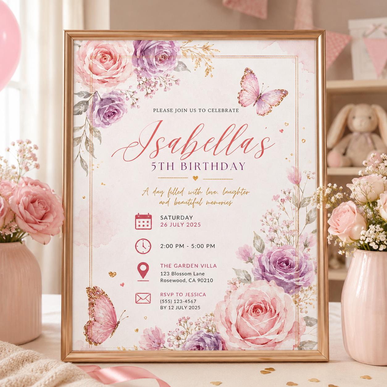 Editable Fairy Garden Birthday Invitation Canva Template, Pink Floral Girls Kids Cute Fun DIY Chic Party Invite, Printable Digital Download.