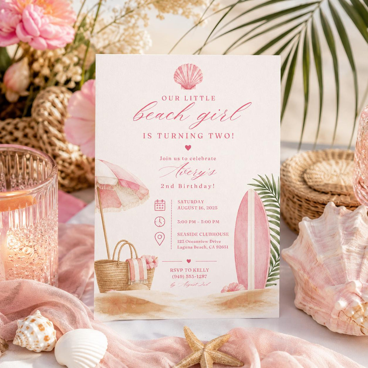 Editable Beach Baby Shower Invitation Canva Template, Pink Girls Kids Beach Cute Fun DIY Chic Teen Party Invite, Printable Digital Download.