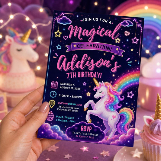 Editable Neon Glow Birthday Invitation Canva Template, Rainbow Girls Kids Neon Cute Modern Fun DIY Party Invite, Printable Digital Download.