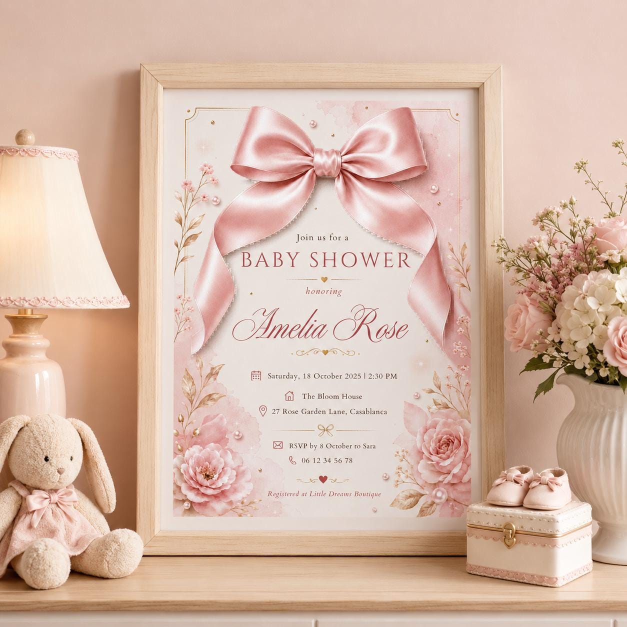Editable Pink Bow Birthday Invitation Canva Template, Floral Girls Kids Bow Cute Fun DIY Chic Teen Party Invite, Printable Digital Download.