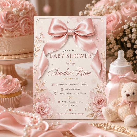Editable Pink Bow Birthday Invitation Canva Template, Floral Girls Kids Bow Cute Fun DIY Chic Teen Party Invite, Printable Digital Download.