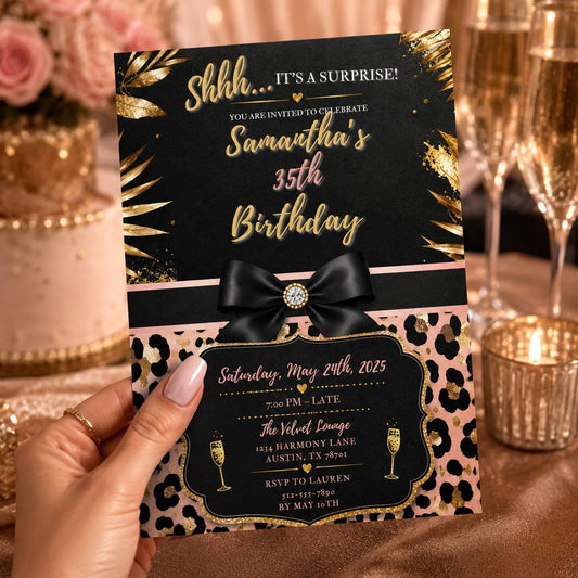 Editable Personalised Leopard Suprise Birthday Invitation Canva Template, Luxury Cute Fun DIY Chic Party Invite, Printable Digital Download.