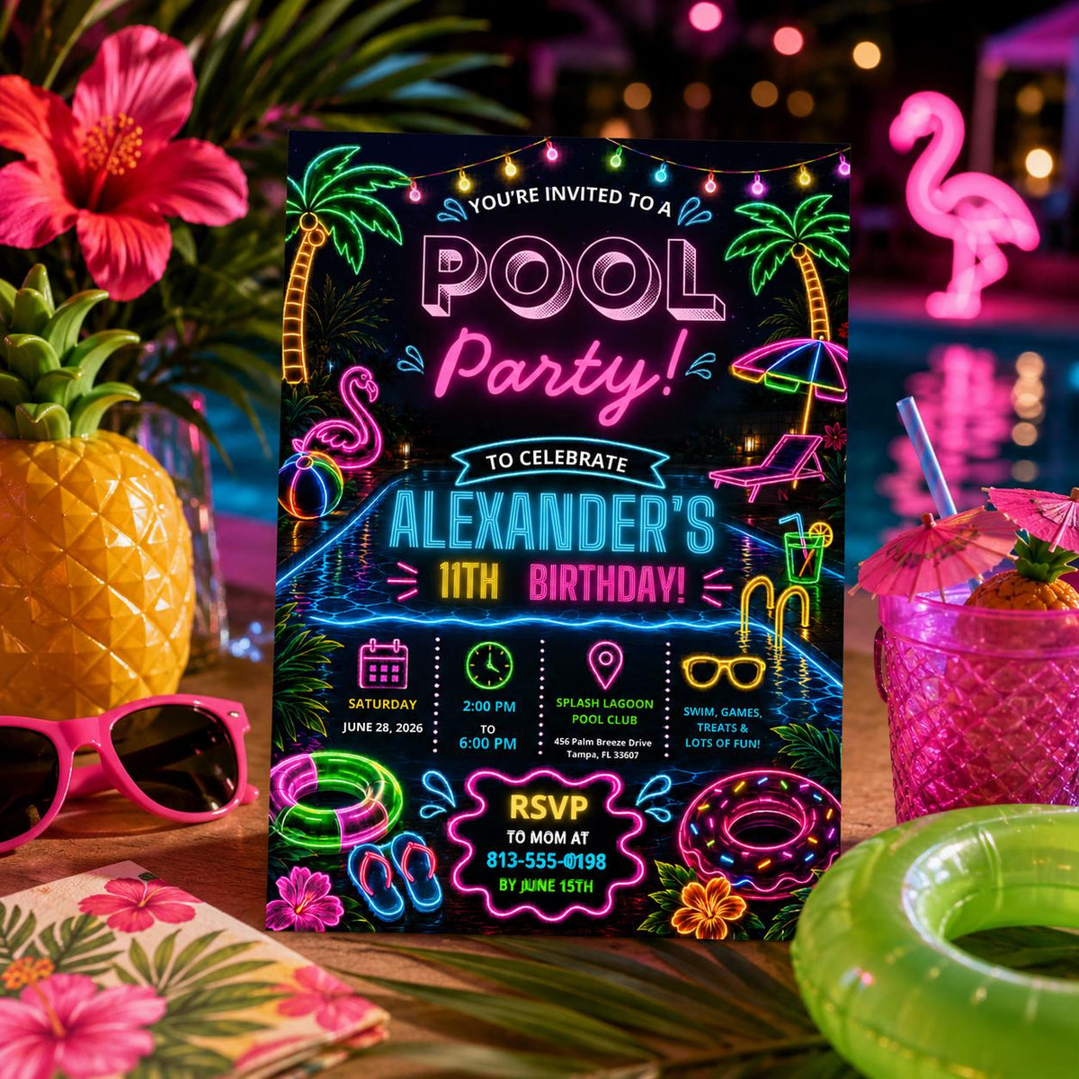Editable Pool Birthday Invitation Canva Template, Neon Boys Pool Cute Fun DIY Sweet Chic Kids Teen Party Invite, Printable Digital Download.