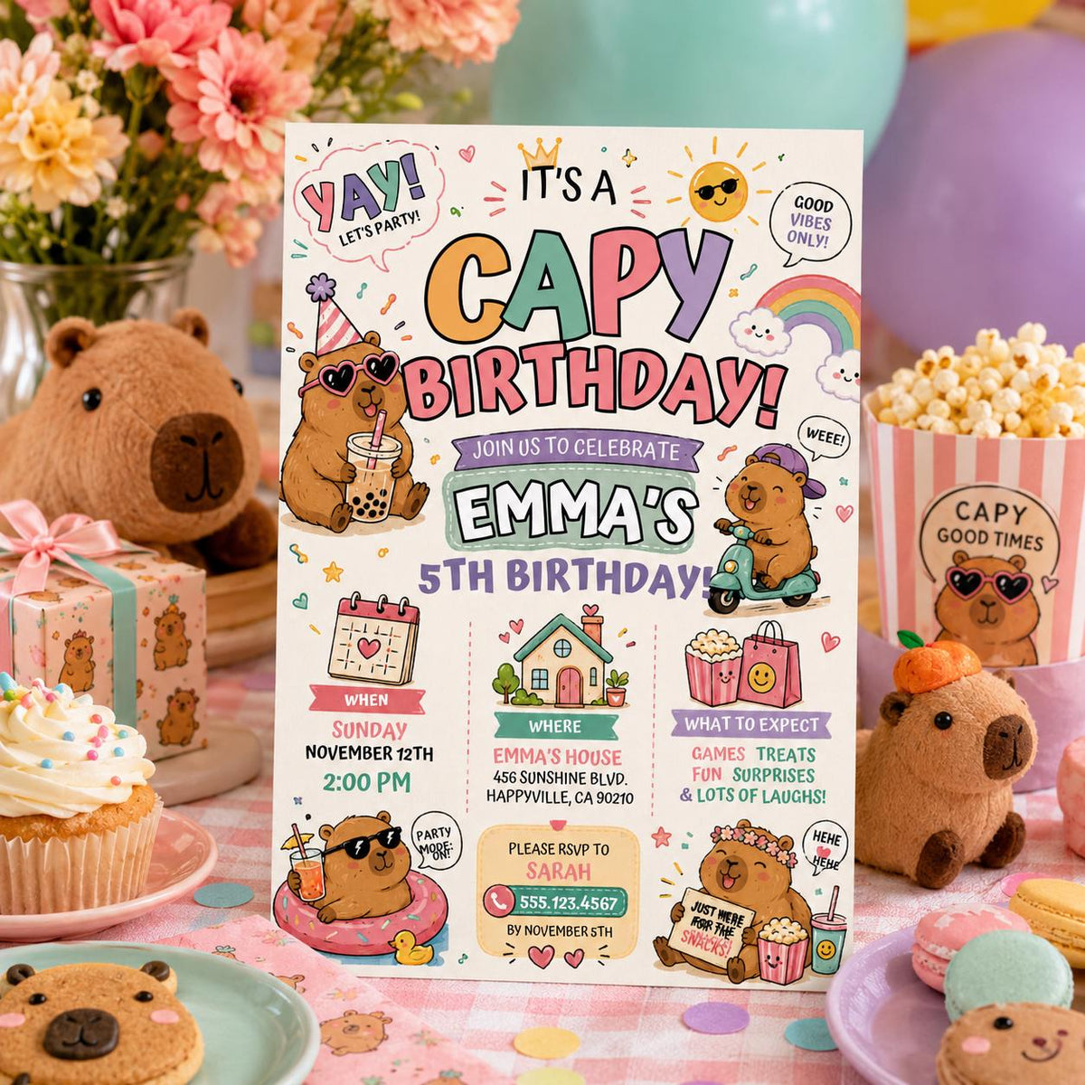Editable Animal Birthday Invitation Canva Template, Pastel Cute Kids Fun DIY Sweet Chic Teen Tween Party Invite, Printable Digital Download.