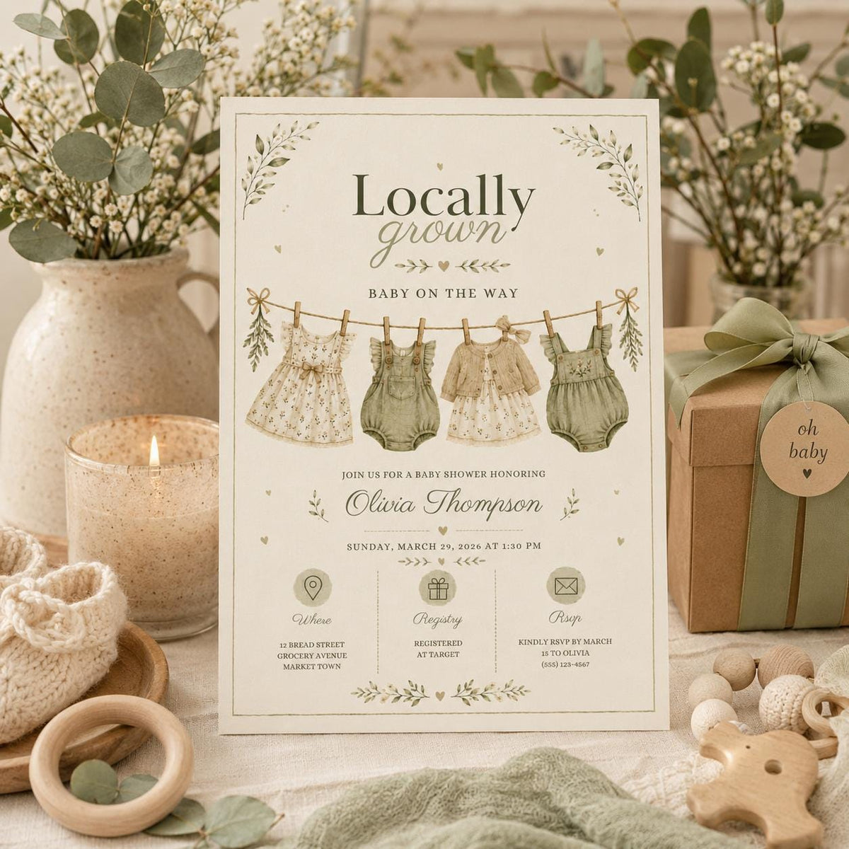 Editable Farmers Market Baby Shower Invitation Canva Template, Green Floral Kids Cute Fun DIY Chic Party Invite, Printable Digital Download.