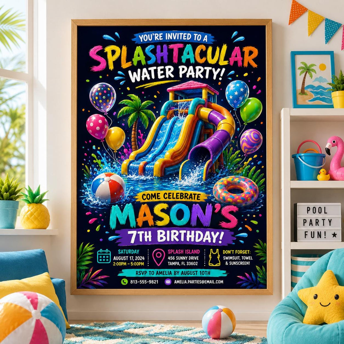Editable Pool Birthday Invitation Canva Template, Kids Summer Cute Modern Fun Themed DIY Chic Teen Party Invite, Printable Digital Download.