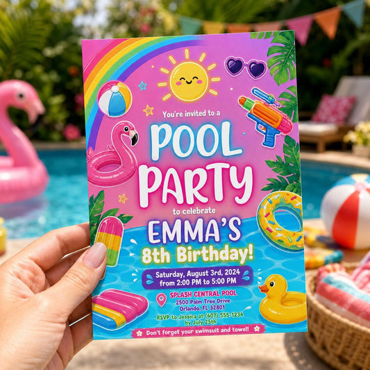 Editable Pool Birthday Invitation Canva Template, Blue Green Neon Boys Pool Cute Fun DIY Chic Kids Party Invite, Printable Digital Download.