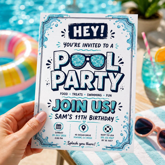 Editable Pool Birthday Invitation Canva Template, Boys Teens Pool Cute Modern Fun Themed DIY Sweet Party Invite, Printable Digital Download.