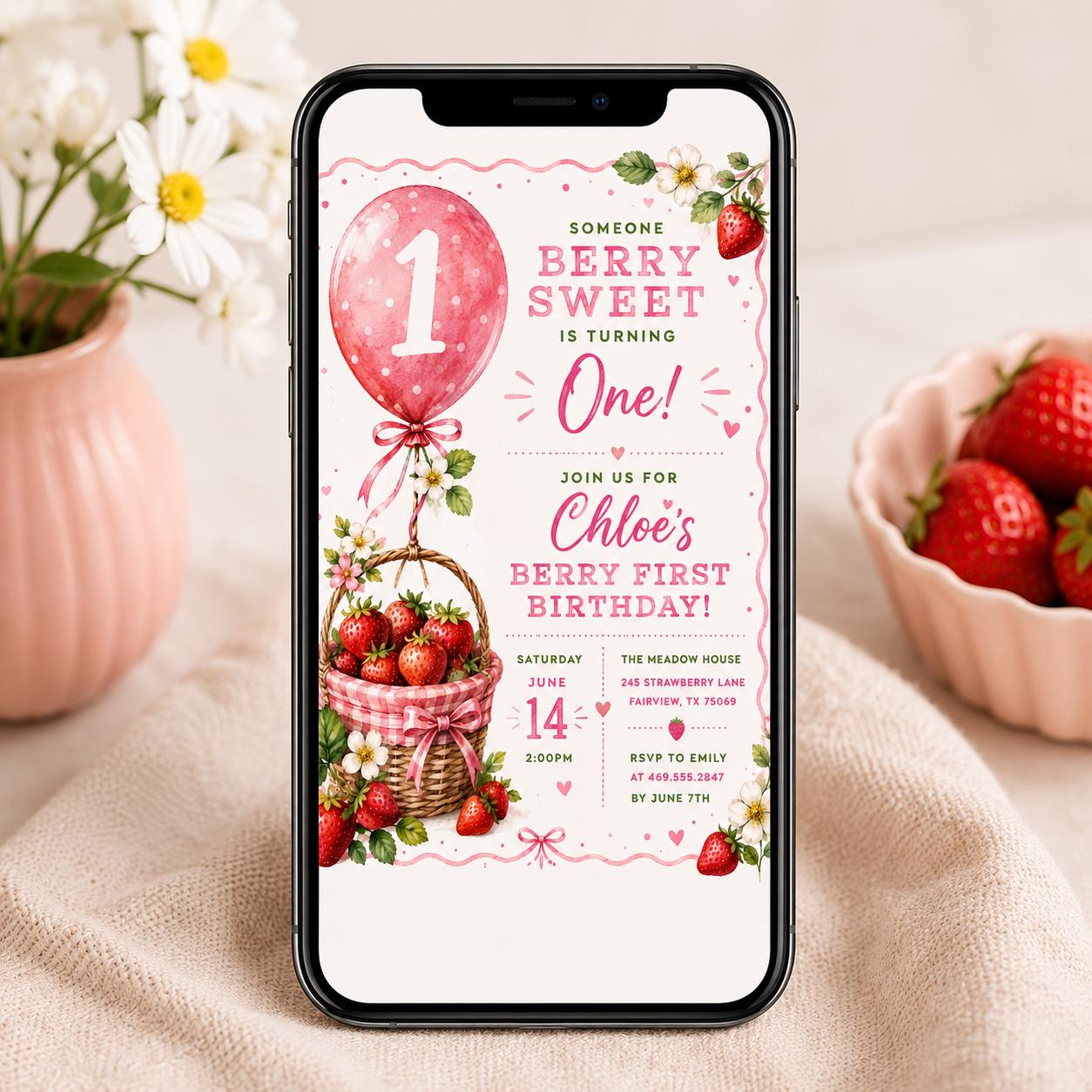 Editable Strawberry Berry First Birthday Invitation Canva Template, Pink Blush Girls Kids Cute Fun Party Invite, Printable Digital Download.