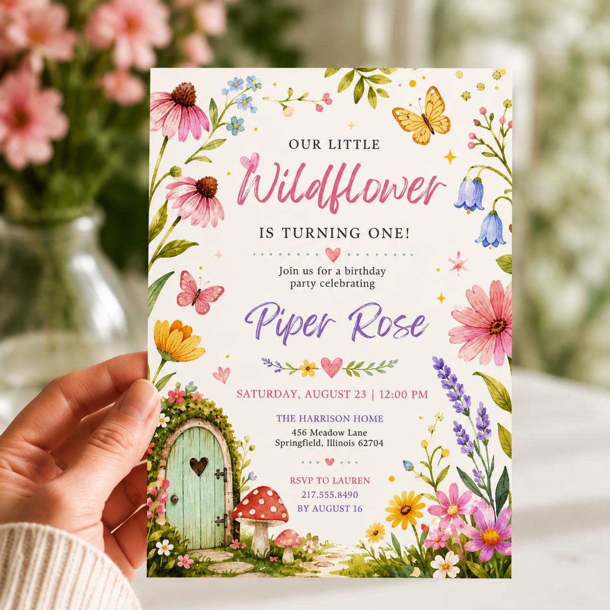 Editable Wildflower Birthday Invitation Canva Template, Floral Girls Kids Adult Cute Fun DIY Sweet Party Invite, Printable Digital Download.