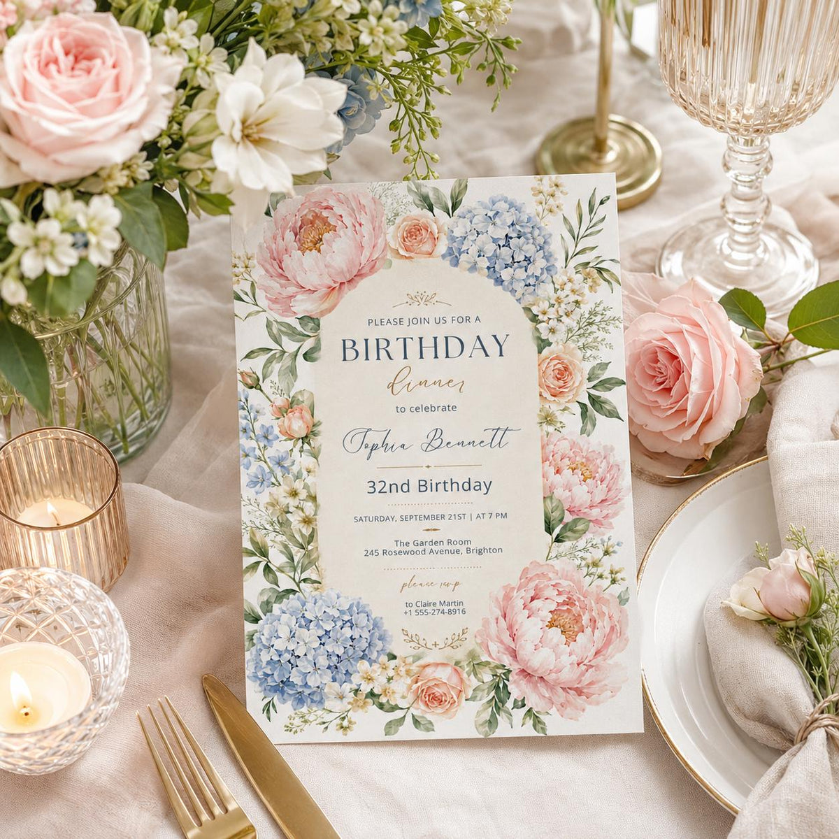 Editable Floral Birthday Invitation Canva Template, Girls Adult Floral Cute Fun DIY Chic Kids Teen Party Invite, Printable Digital Download.
