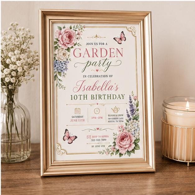 Editable Garden Birthday Invitation Canva Template, Floral Girls Cute Fun DIY Sweet Chic Kids Teen Party Invite, Printable Digital Download.