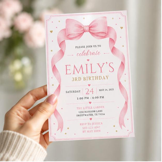 Editable Pink Bow Birthday Invitation Canva Template, Girls Kids Adult Bow Cute Fun DIY Sweet Chic Party Invite, Printable Digital Download.