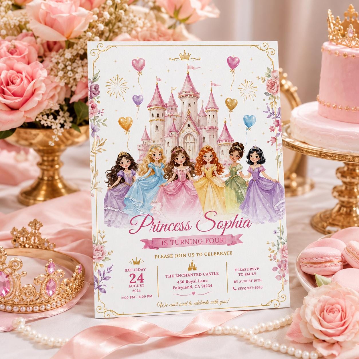 Editable Princess Birthday Invitation Canva Template, Floral Girls Kids Cute Modern Fun Themed DIY Party Invite, Printable Digital Download.