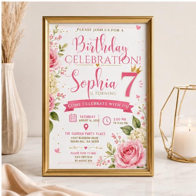 Editable Pink Bow Birthday Invitation Canva Template, Blush Luxury Bow Cute Fun DIY Chic Kids Teen Party Invite, Printable Digital Download.
