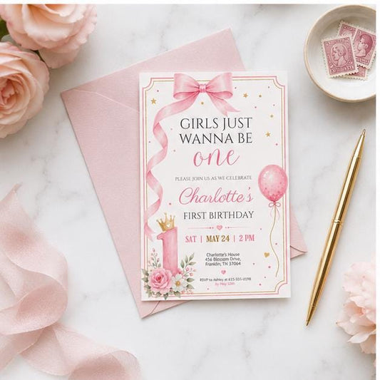 Editable Pink Bow Birthday Invitation Canva Template, Luxury Girls Kids Bow Cute Fun DIY Chic Teen Party Invite, Printable Digital Download.