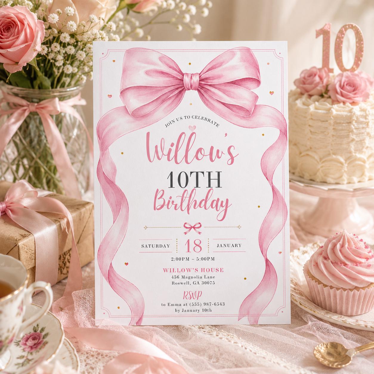 Editable Pink Bow Birthday Invitation Canva Template, Cute Girls Teens Bow Fun DIY Sweet Chic Kids Party Invite, Printable Digital Download.