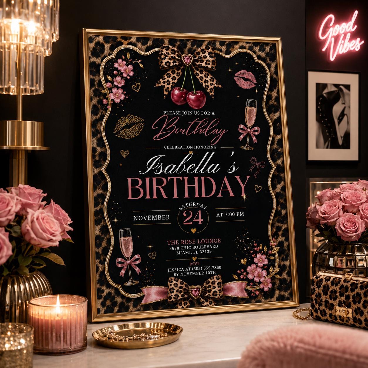 Editable Cheetah Birthday Invitation Canva Template, Black Girls Cute Fun DIY Sweet Chic Kids Teen Party Invite, Printable Digital Download.