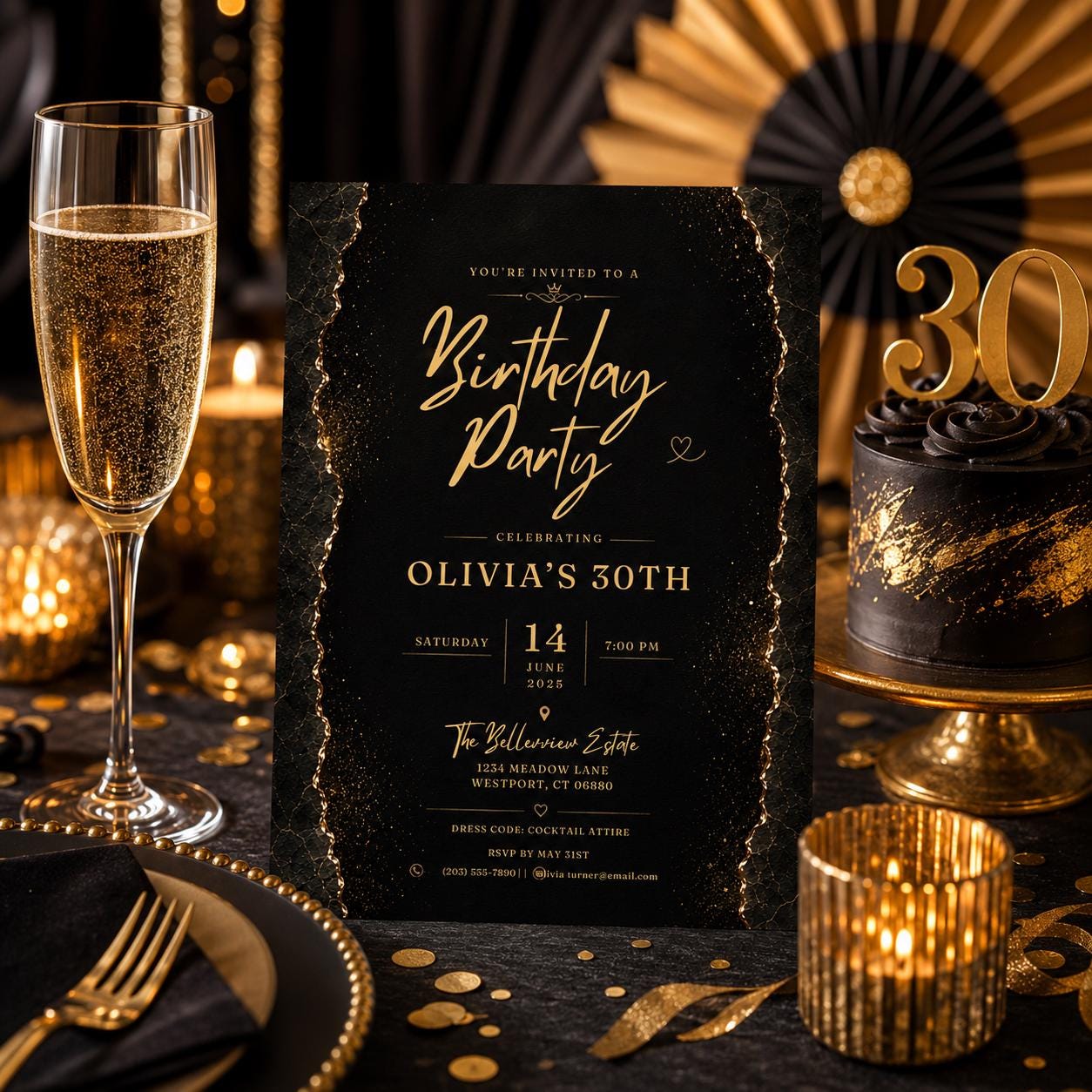 Editable Black Gold Birthday Invitation Canva Template, Modern Luxury Boys Adult Cute Fun DIY Chic Party Invite, Printable Digital Download.