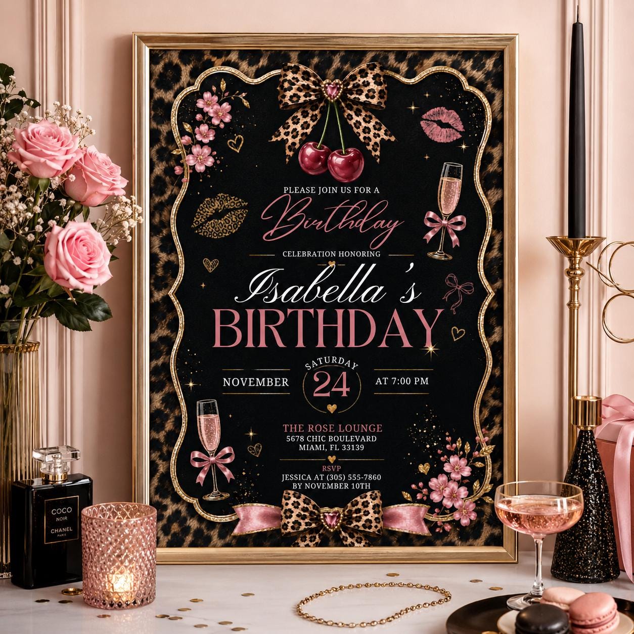 Editable Cheetah Birthday Invitation Canva Template, Black Girls Cute Fun DIY Sweet Chic Kids Teen Party Invite, Printable Digital Download.