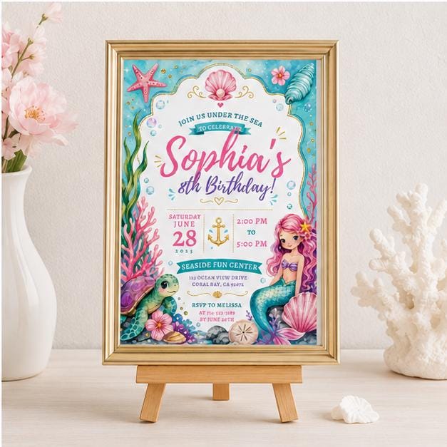 Editable Coastal Birthday Invitation Canva Template, Blue White Girls Teens Cute Fun DIY Chic Kids Party Invite, Printable Digital Download.