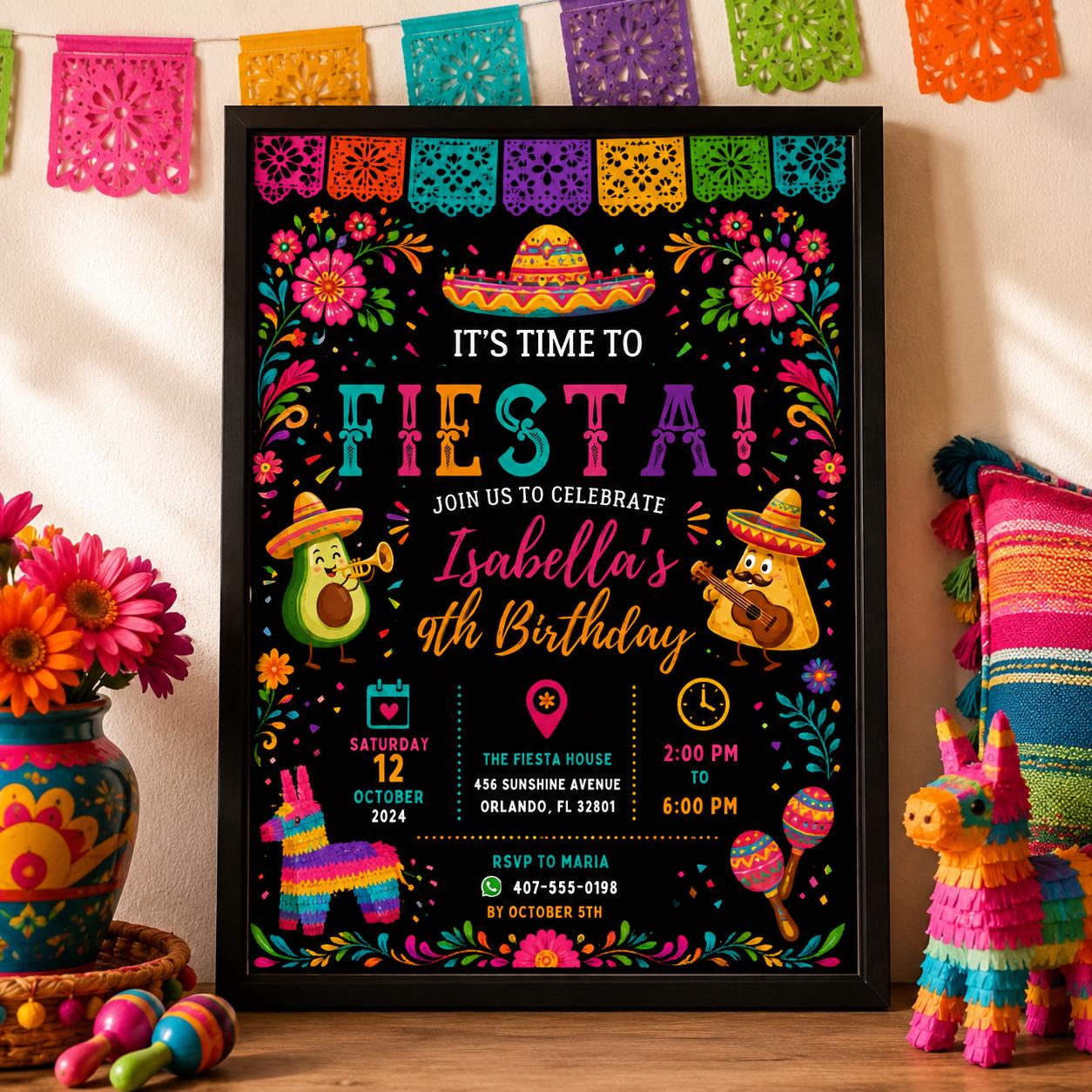 Editable Fiesta Birthday Invitation Canva Template, Taco Cute Modern Fun Themed DIY Chic Kids Teen Party Invite, Printable Digital Download.