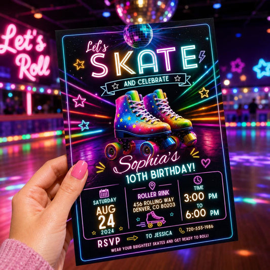Editable Neon Glow Birthday Invitation Canva Template, Retro Girls Teens Neon Cute Fun Instant DIY Party Invite, Printable Digital Download.