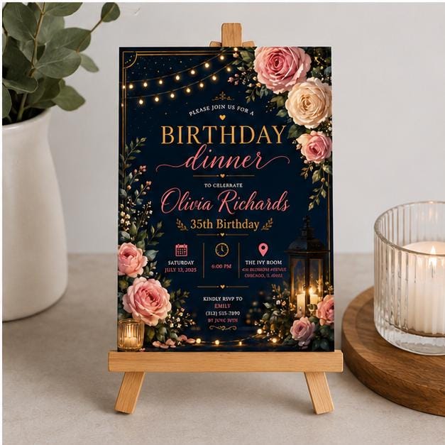 Editable Black Gold Birthday Invitation Canva Template, Luxury Floral Girls Cute Fun DIY Chic Kids Party Invite, Printable Digital Download.