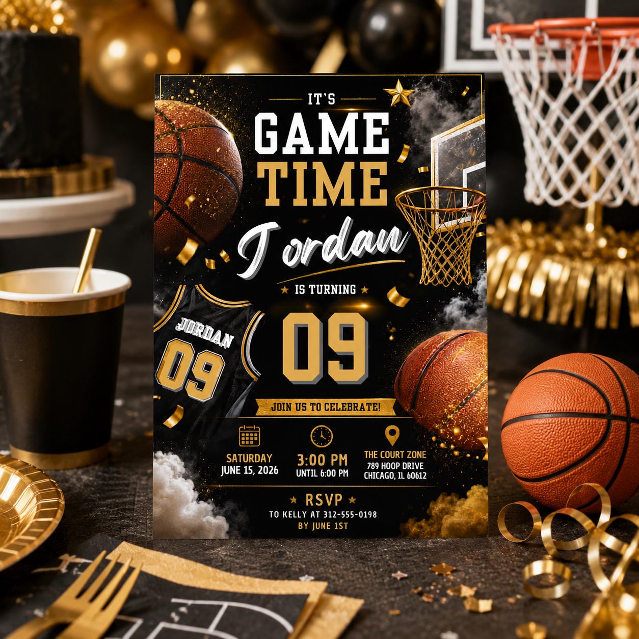 Editable Basketball Birthday Invitation Canva Template, Gold Black Luxury Sport Cute Fun DIY Sweet Party Invite, Printable Digital Download.