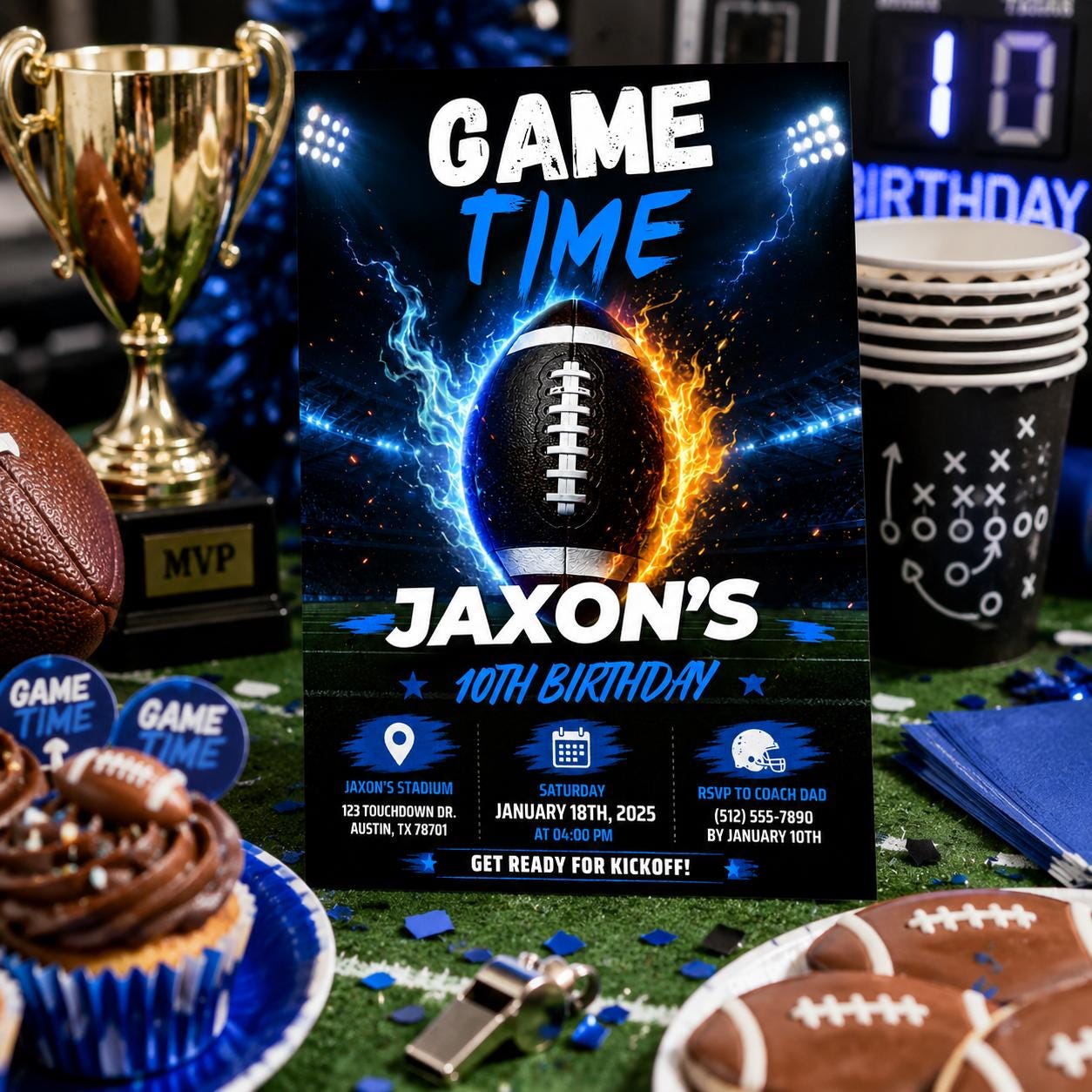 Editable Football Birthday Invitation Canva Template, Neon Boys Sport Cute Fun DIY Sweet Chic Kids Party Invite, Printable Digital Download.