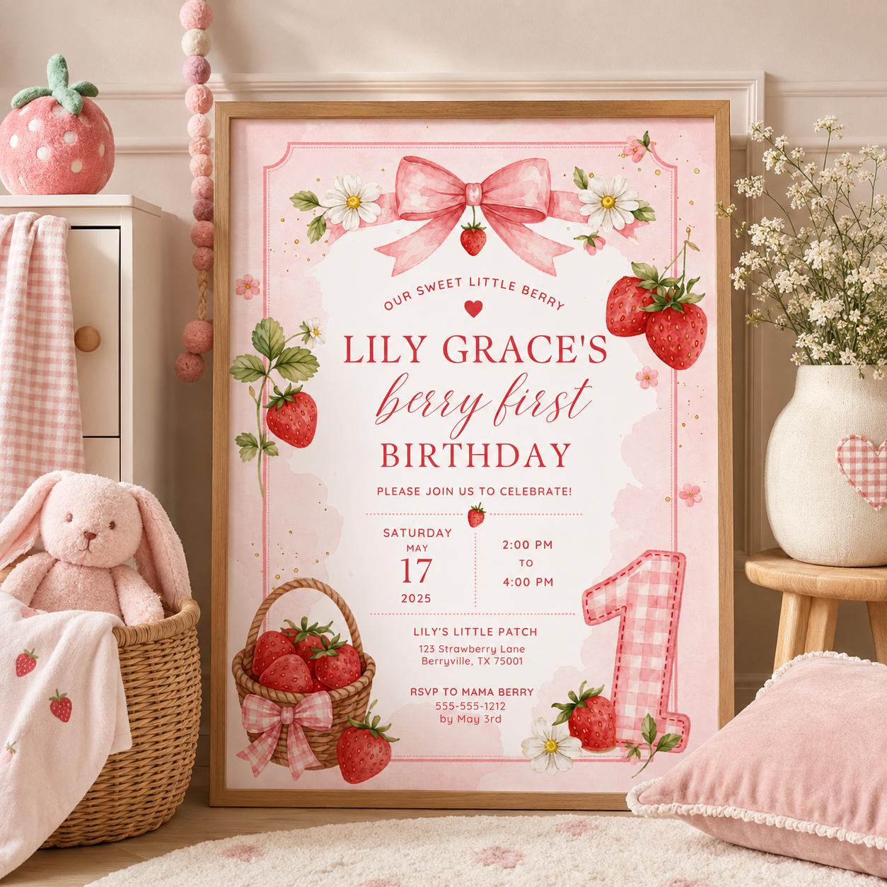 Editable Berry First Birthday Invitation Canva Template, Girls Kids Cute Modern Fun DIY Sweet Chic Party Invite, Printable Digital Download.