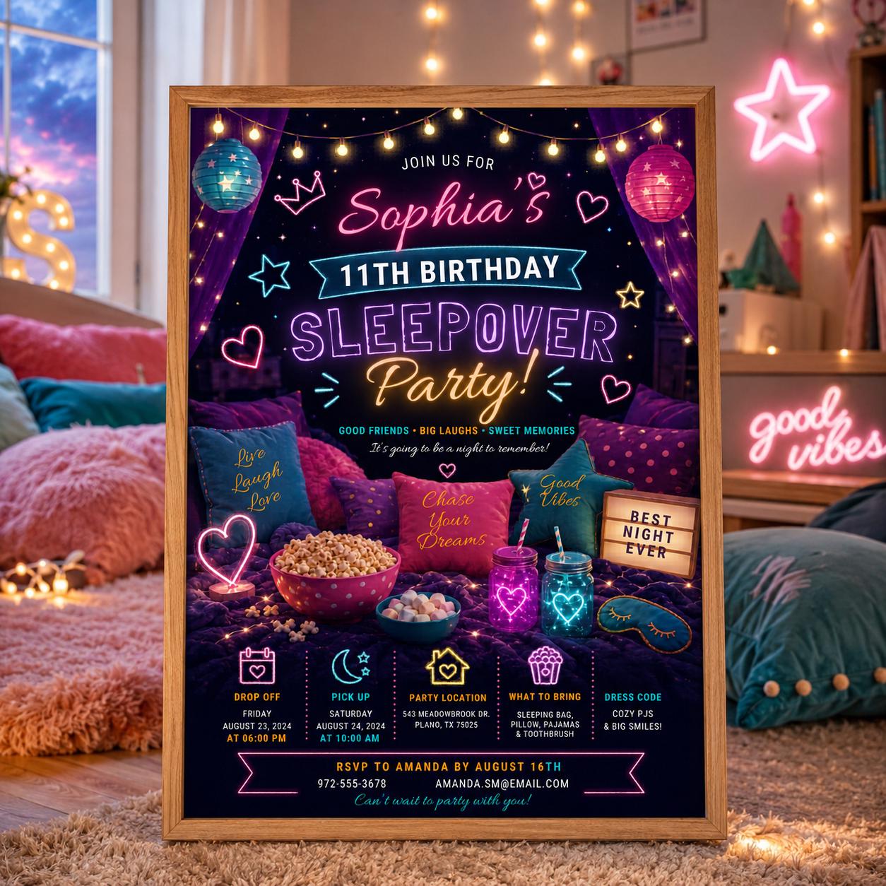 Editable Sleepover Birthday Invitation Canva Template, Pink Girls Kids Teens Modern Fun Themed DIY Party Invite, Printable Digital Download.
