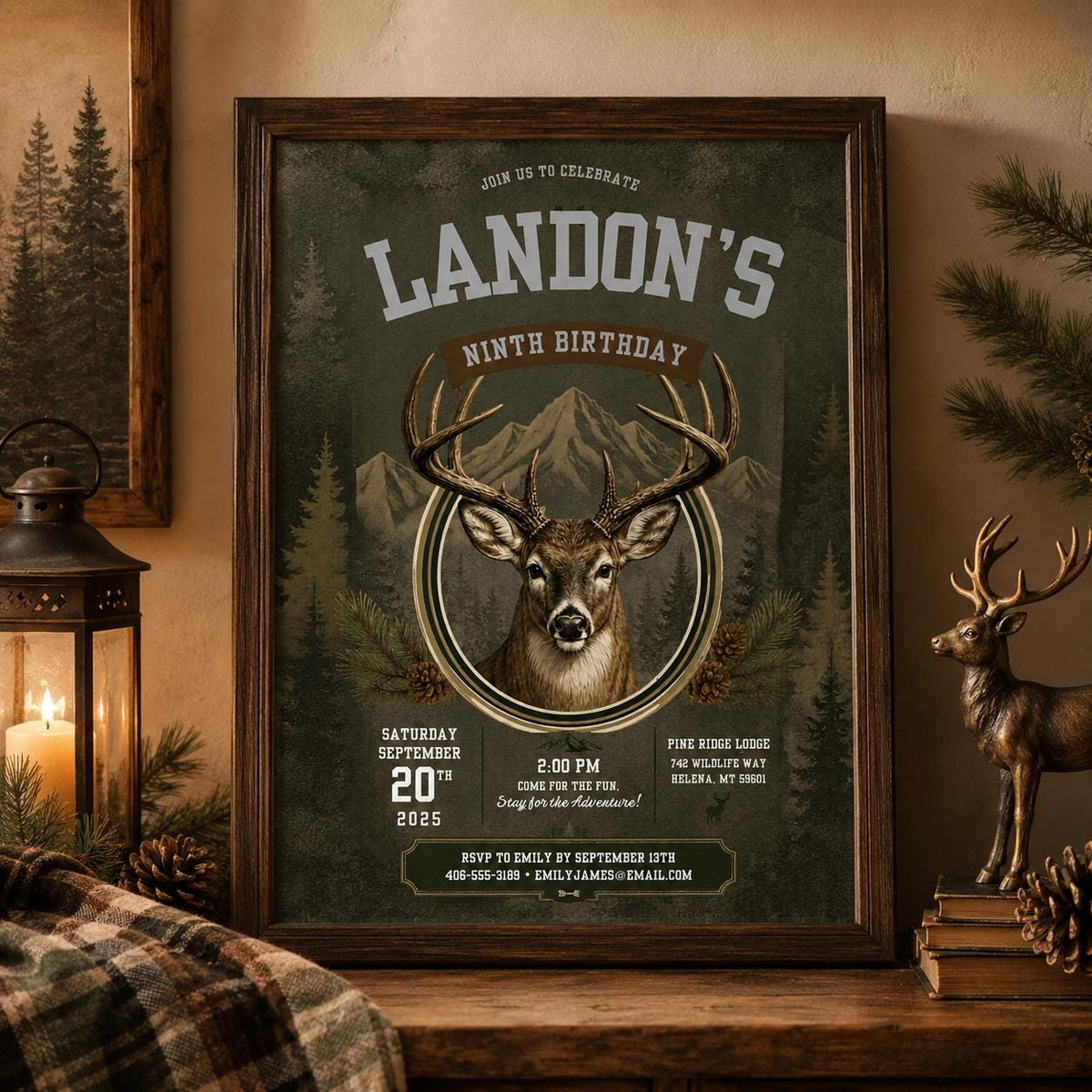 Editable Deer Hunting Birthday Invitation Canva Template, Modern Boys Deer Cute Fun DIY Sweet Chic Party Invite, Printable Digital Download.