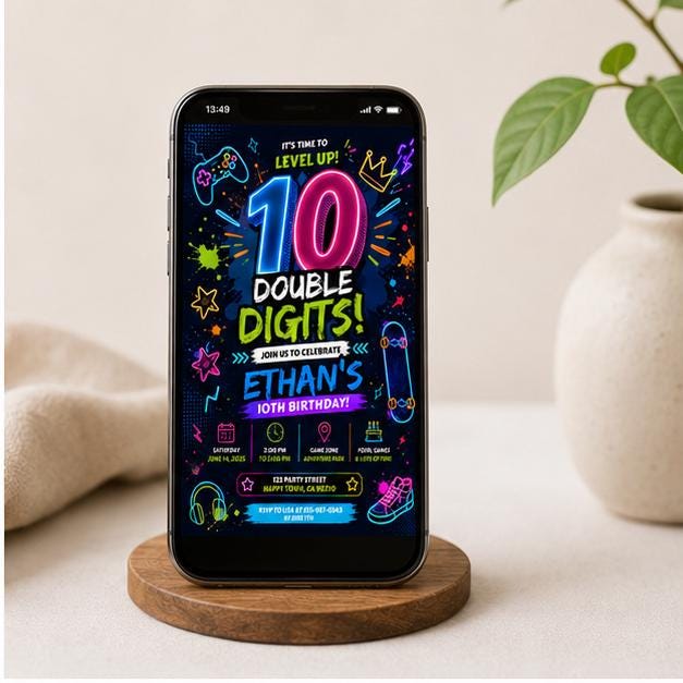 Editable Neon Glow Birthday Invitation Canva Template, Kids Teens Neon Cute Modern Fun Instant DIY Party Invite, Printable Digital Download.