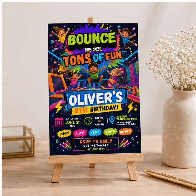 Editable Trampoline Park Birthday Invitation Canva Template, Kids Cute Modern Fun Themed DIY Sweet Party Invite, Printable Digital Download.