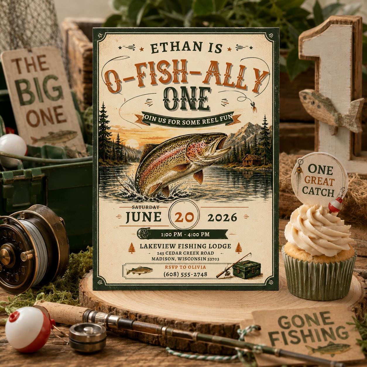 Editable Fishing First Birthday Invitation Canva Template, Ofishally One Reeling In One Outdoor Boy Party Invite, Printable Digital Download
