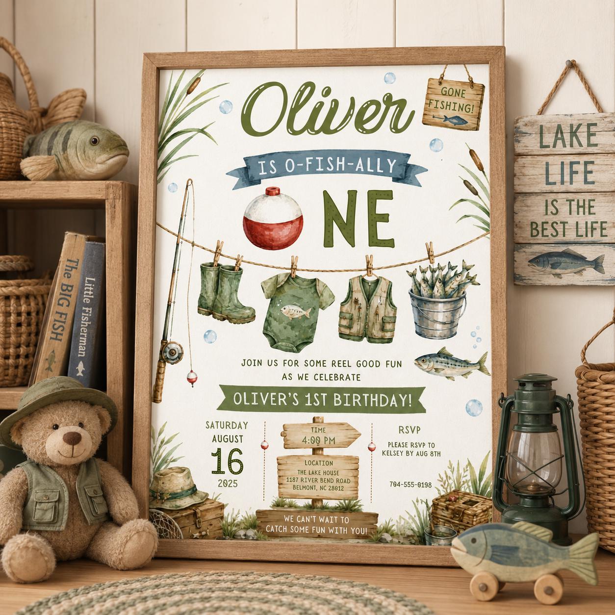 Editable Fishing Birthday Invitation Canva Template, Boys Kids Cute Modern Fun DIY Sweet Chic Teen Party Invite, Printable Digital Download.