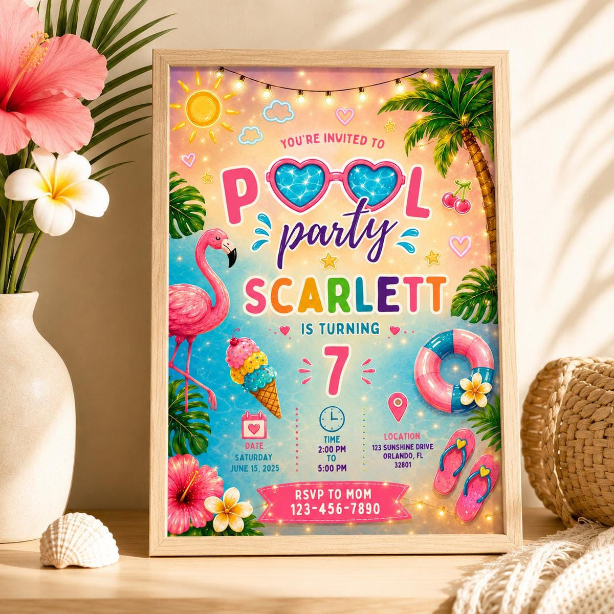 Editable Pool Birthday Invitation Canva Template, Neon Pool Cute Modern Fun Themed Custom DIY Chic Party Invite, Printable Digital Download.