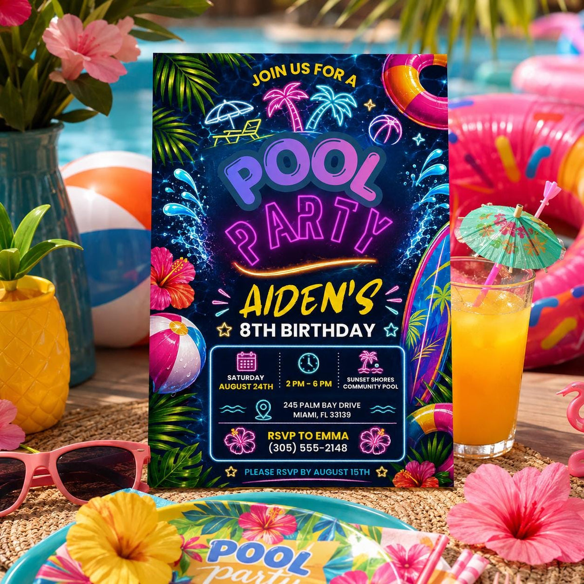 Editable Pool Birthday Invitation Canva Template, Blue Green Neon Boys Kids Pool Cute Fun DIY Chic Party Invite, Printable Digital Download.