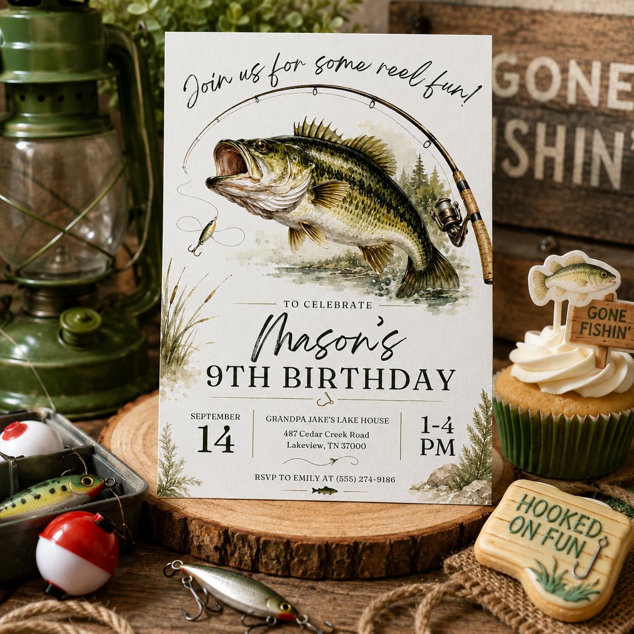 Editable Fishing Birthday Invitation Canva Template, Boys Kids Cute Modern Fun DIY Sweet Chic Teen Party Invite, Printable Digital Download.