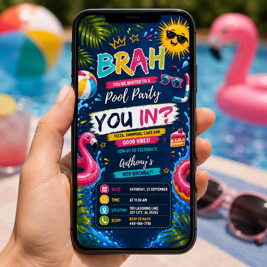Editable Pool Birthday Invitation Canva Template, Boys Teens Pool Cute Modern Fun Themed DIY Sweet Party Invite, Printable Digital Download.