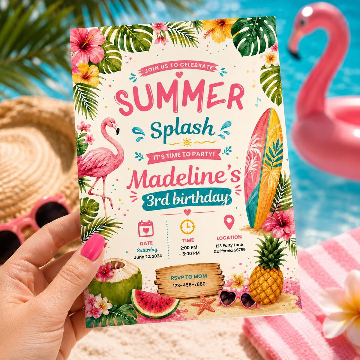 Editable Beach Birthday Invitation Canva Template, Pool Cute Modern Fun Themed DIY Sweet Chic Kids Party Invite, Printable Digital Download.