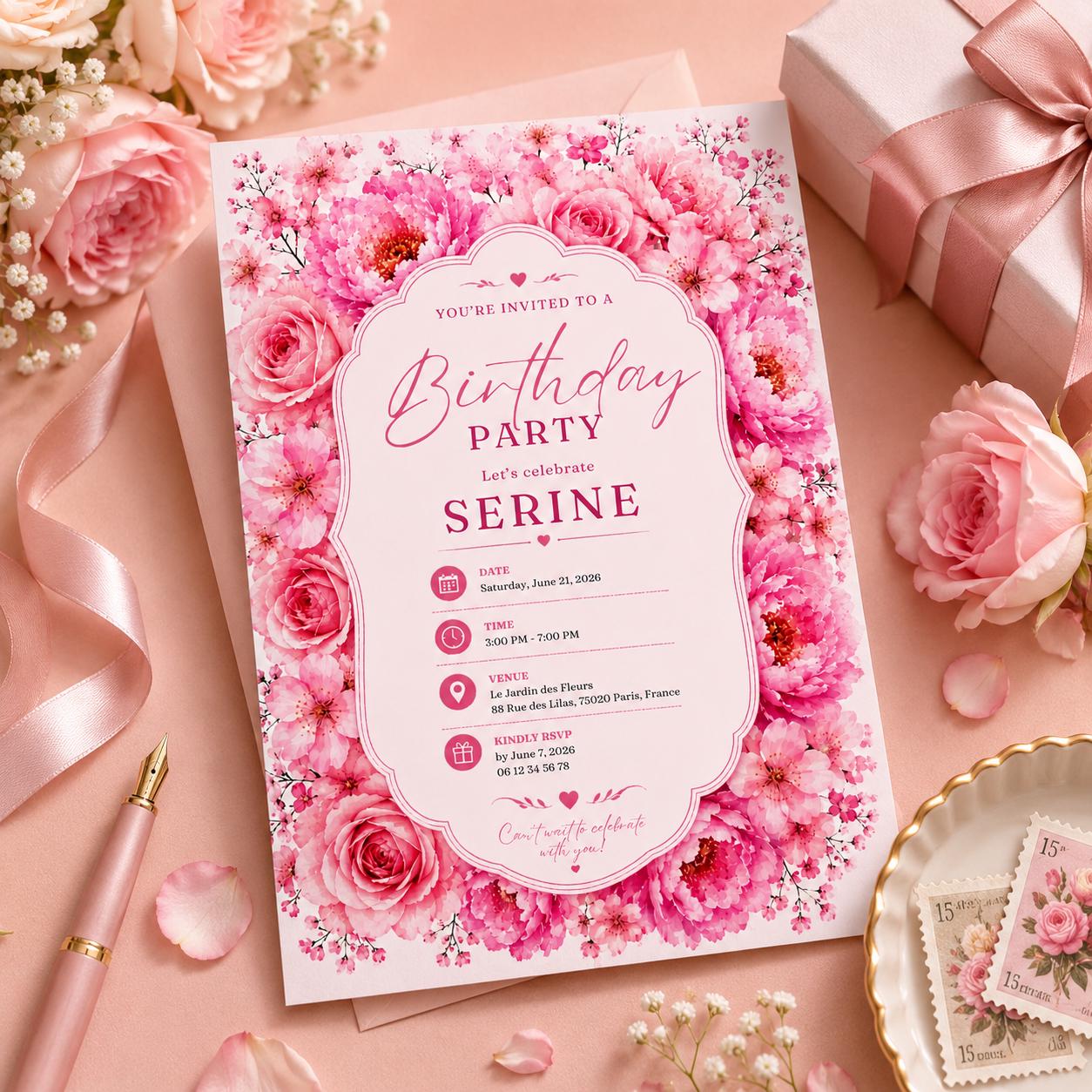 Editable Floral Birthday Invitation Canva Template, Pink Blush Girls Adult Cute Fun DIY Sweet Chic Party Invite, Printable Digital Download.