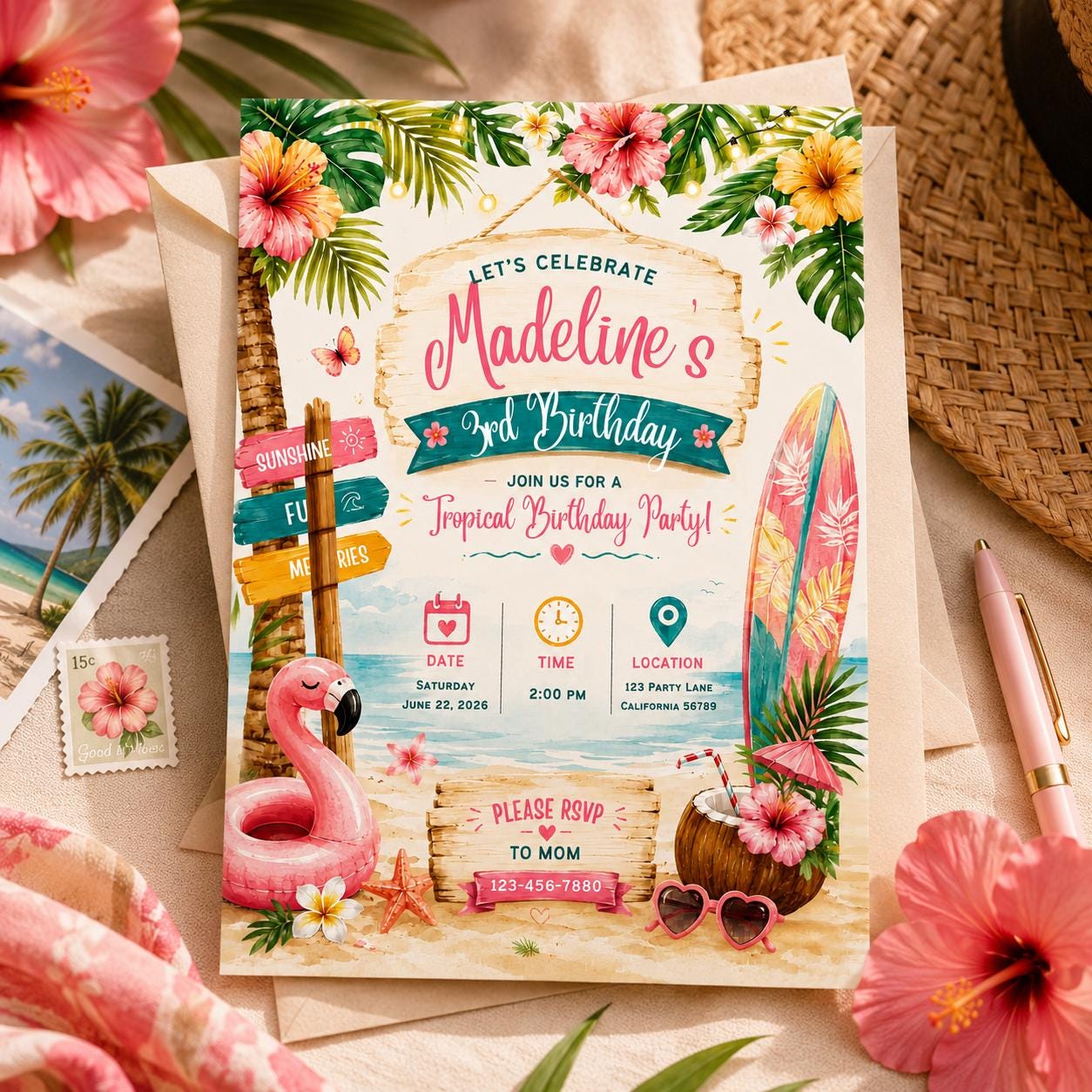 Editable Tropical Birthday Invitation Canva Template, Summer Cute Modern Fun Themed DIY Sweet Chic Party Invite, Printable Digital Download.