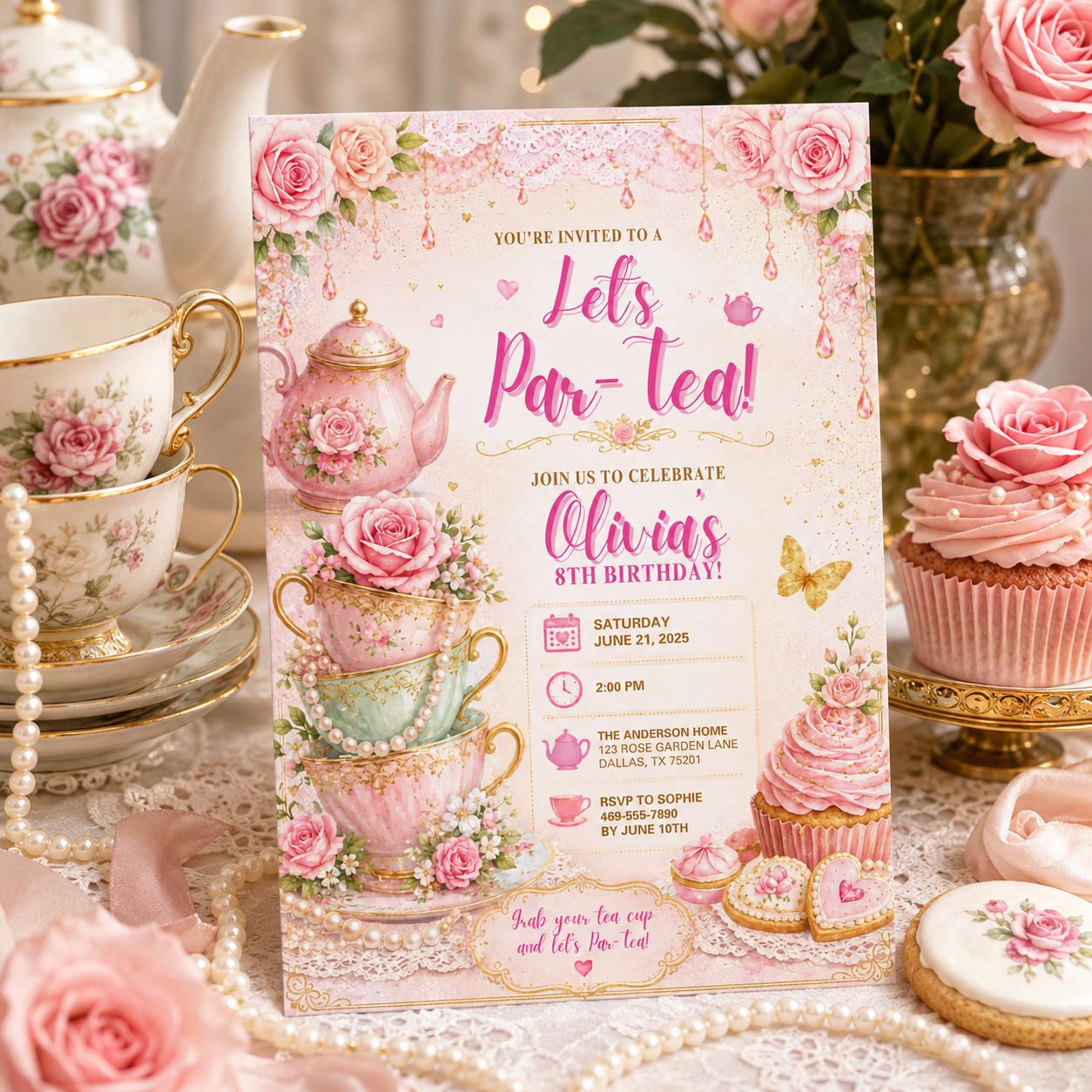 Editable Tea Birthday Invitation Canva Template, Pink Floral Girls Tea Cute Fun DIY Chic Kids Teen Party Invite, Printable Digital Download.