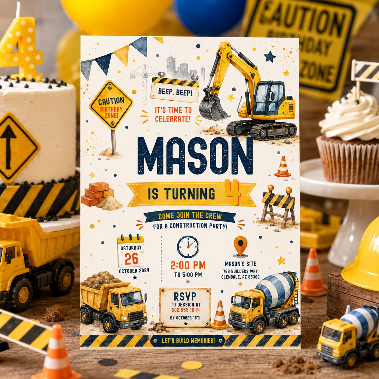 Editable Construction Birthday Invitation Canva Template, Black Yellow Boys Cute Fun DIY Chic Kids Party Invite, Printable Digital Download.